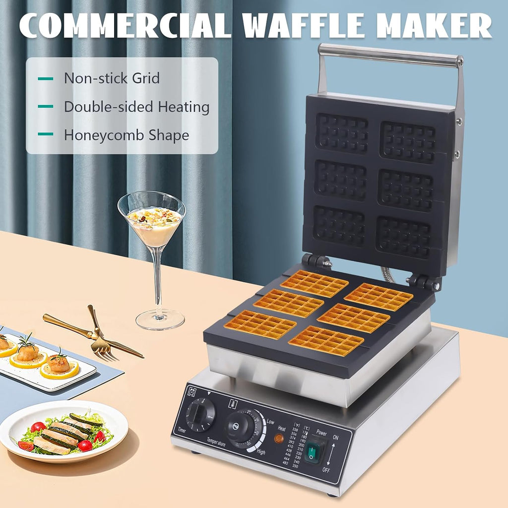 Waffle Making Machine, 110V 1500W Commercial Square Shaped Waffle Maker Electric Stainless Steel Rotatable Double-Head Heating Waffle Making for Tea Shops, Snack Bars (6 Grids 110V 1500W)