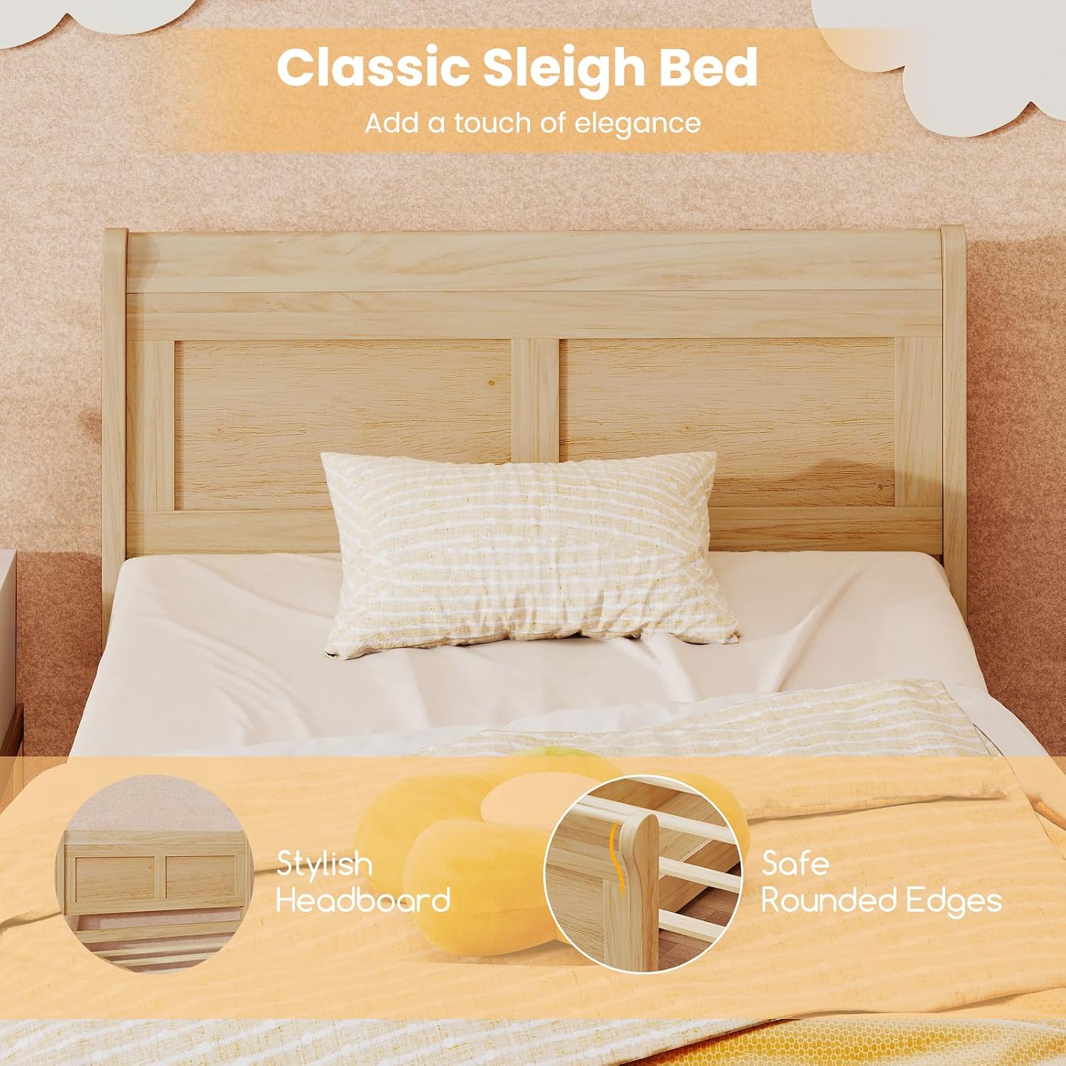 KOMFOTT 2 Twin Bed with 2 Drawers, Twin Storage Bed with Headboard for Bedroom, Sleigh Wood Bed Frame with Wooden Slats Support for Kids, Teens, Adults, No Box Spring Needed (Natural)