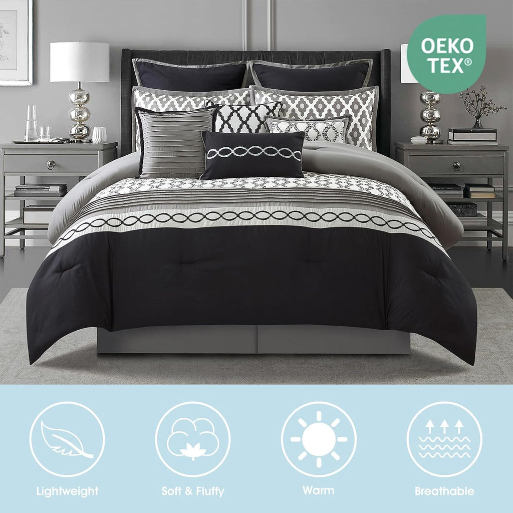 LANCO MODERN LIFESTYLE King Size Comforter Set, Black, 10 Piece Bed in a Bag for All Seasons, Luxury Extreme Comfort Bedding Sets with Bedskirt, Pillow Shams, Euro Shams and Decor Pillows
