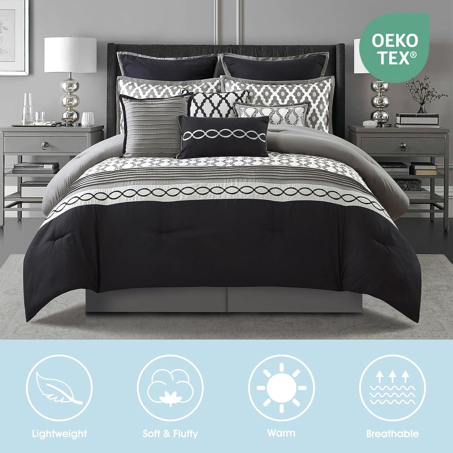 LANCO MODERN LIFESTYLE King Size Comforter Set, Black, 10 Piece Bed in a Bag for All Seasons, Luxury Extreme Comfort Bedding Sets with Bedskirt, Pillow Shams, Euro Shams and Decor Pillows