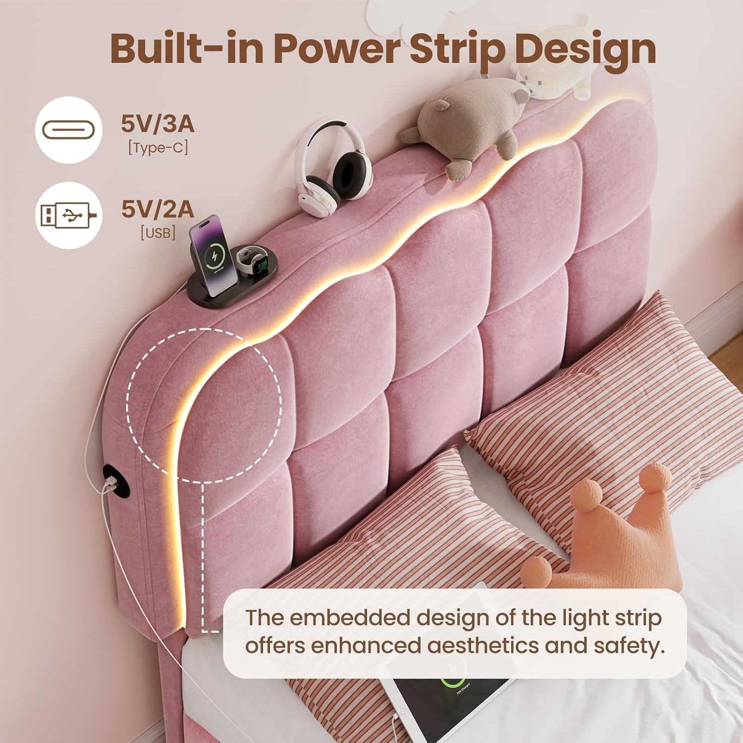 CypBed Twin Bed Frame with Storage Drawers and Headboard, Velvet Upholstered LED Platform Bed Frame for Kids – Sturdy Metal Cloud Bed Frame Twin with Wood Slats Support, No Box Spring Needed, Pink