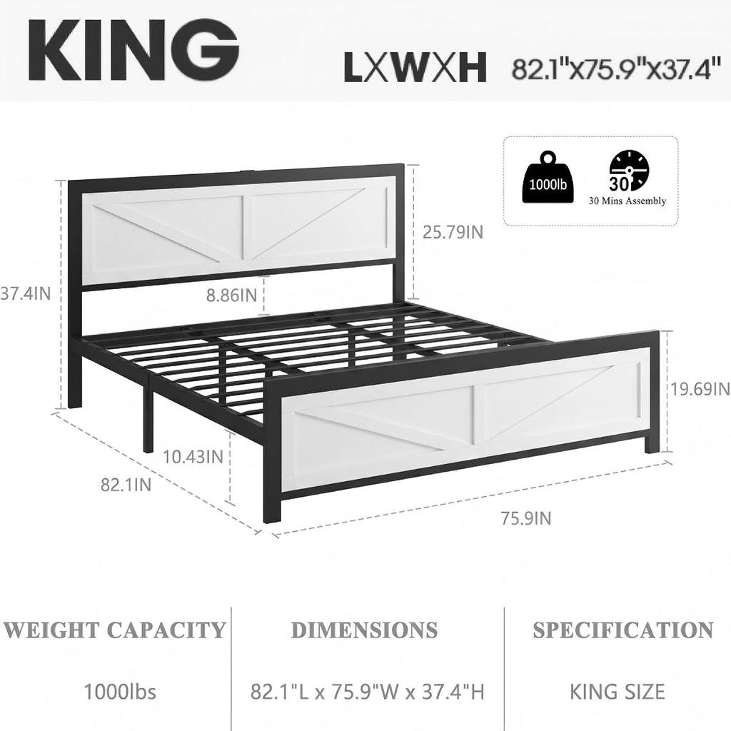 Rustic Bed Frame King Size with Barn Door Headboard, LED Bed Frame with Charging Station, Industrial Platform Metal Bed Frames, No Box Spring Needed, Easy Assembly, White