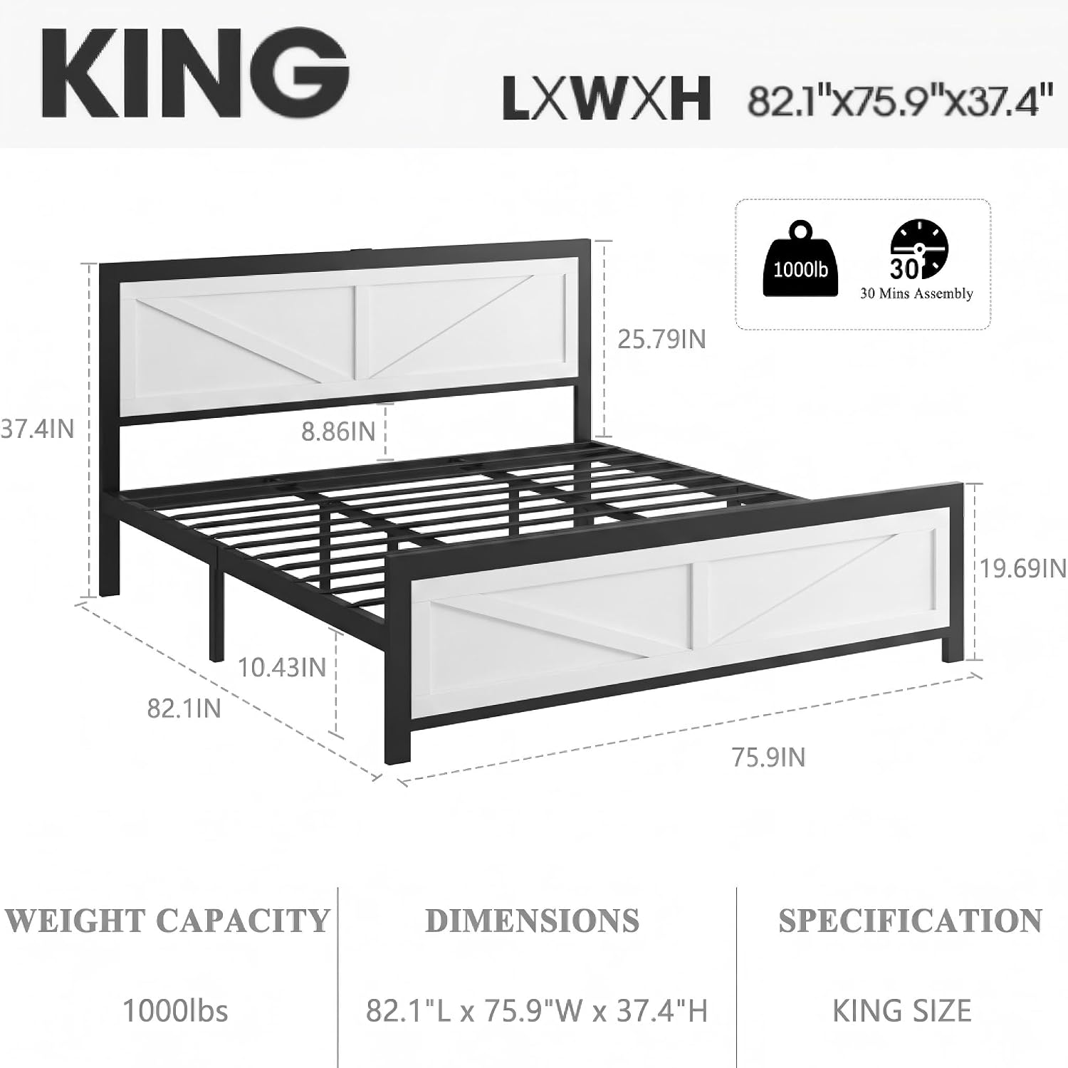 Rustic Bed Frame King Size with Barn Door Headboard, LED Bed Frame with Charging Station, Industrial Platform Metal Bed Frames, No Box Spring Needed, Easy Assembly, White