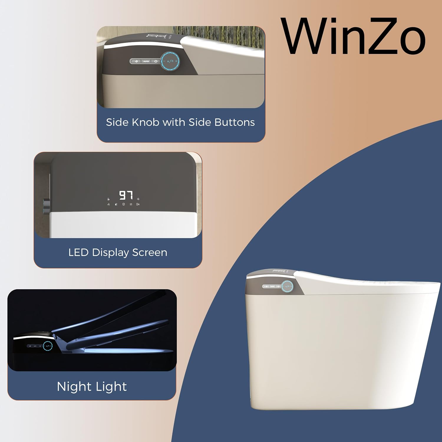 WinZo Elongated Smart Toilet With Bidet Built-in,Auto Open & Flush Auto Soft Close Seat, Hands-Free Adjusted Heated Seat & Warm Air Dyring, White (No Foam Cover Version)