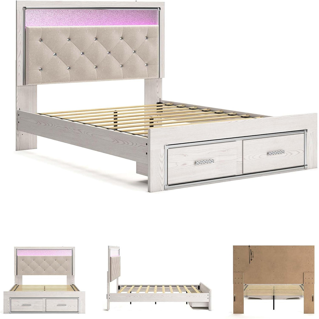 Signature Design by Ashley Altyra Contemporary Adjustable Tufted Queen Upholstered Storage Platform Bed with LED Lights and 2 Drawers, Foundation or Box Spring Not Needed, White & Gray