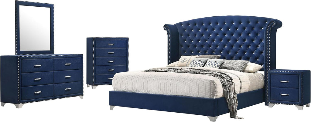 Coaster Home Furnishings Melody Modern Classic 5-Piece Bedroom Set Velvet Upholstered Eastern King Size Wingback Bed Frame 66-inch Headboard Pacific Blue 223371KE-S5