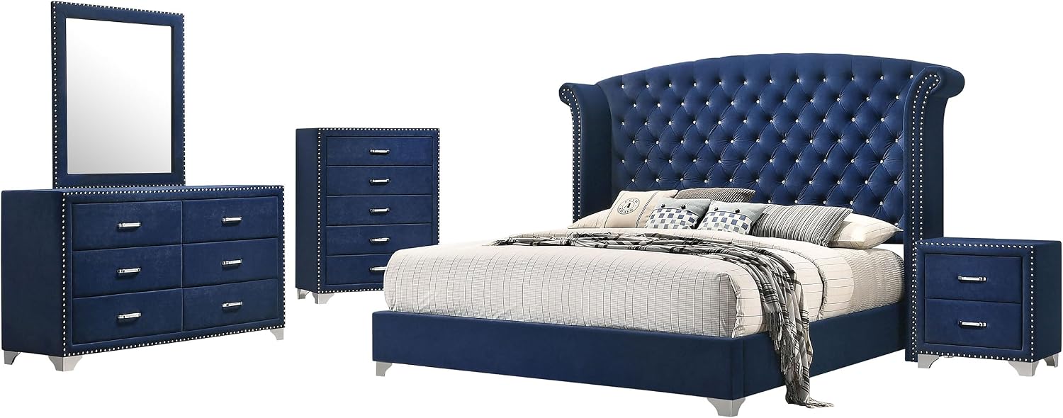 Coaster Home Furnishings Melody Modern Classic 5-Piece Bedroom Set Velvet Upholstered Eastern King Size Wingback Bed Frame 66-inch Headboard Pacific Blue 223371KE-S5