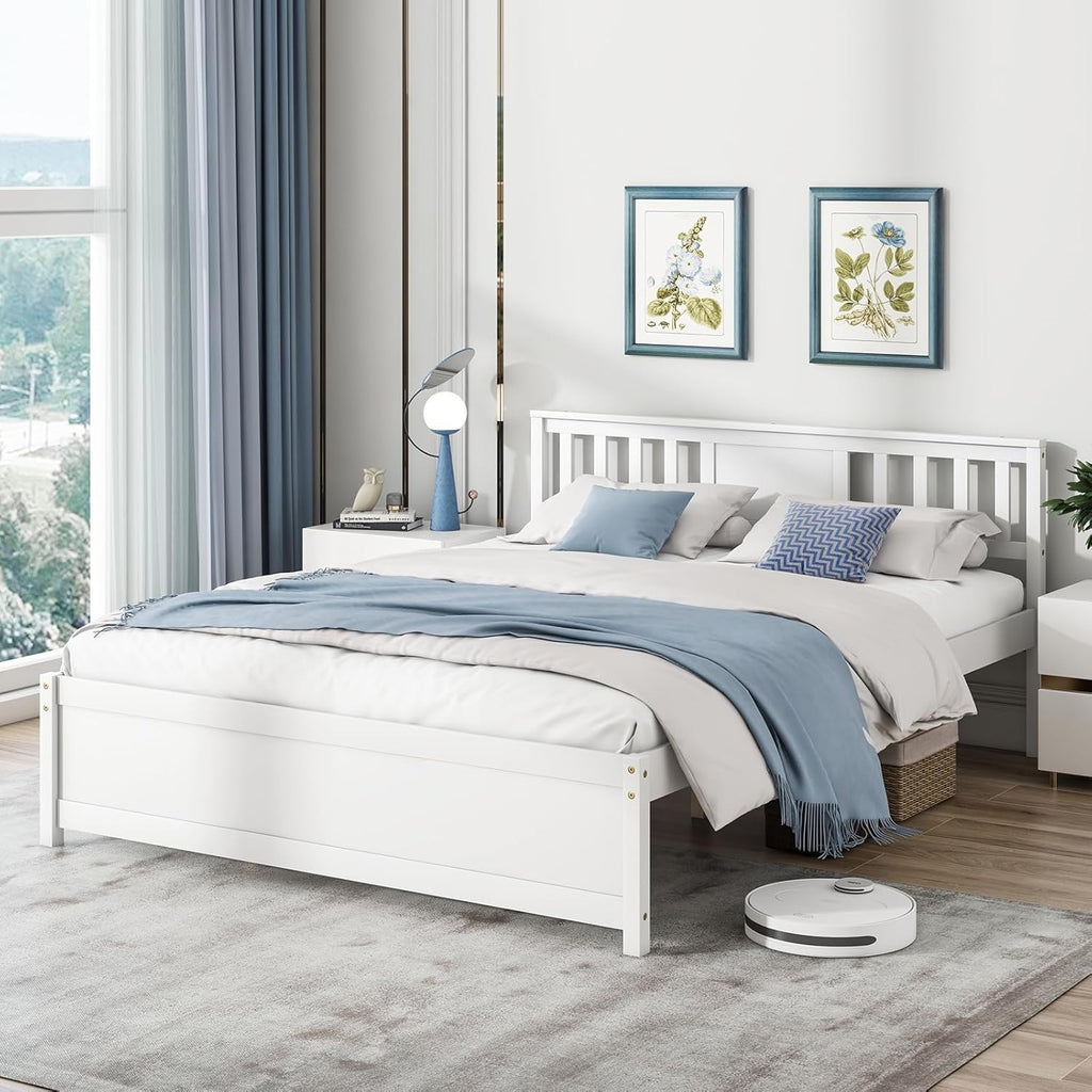 Giantex Queen Size Solid Wood Platform Bed Frame, Mid Century Queen Bed Frame with Headboard, Wooden Slat Support, Queen Panel Bed, No Box Spring Needed, Easy Assembly, White