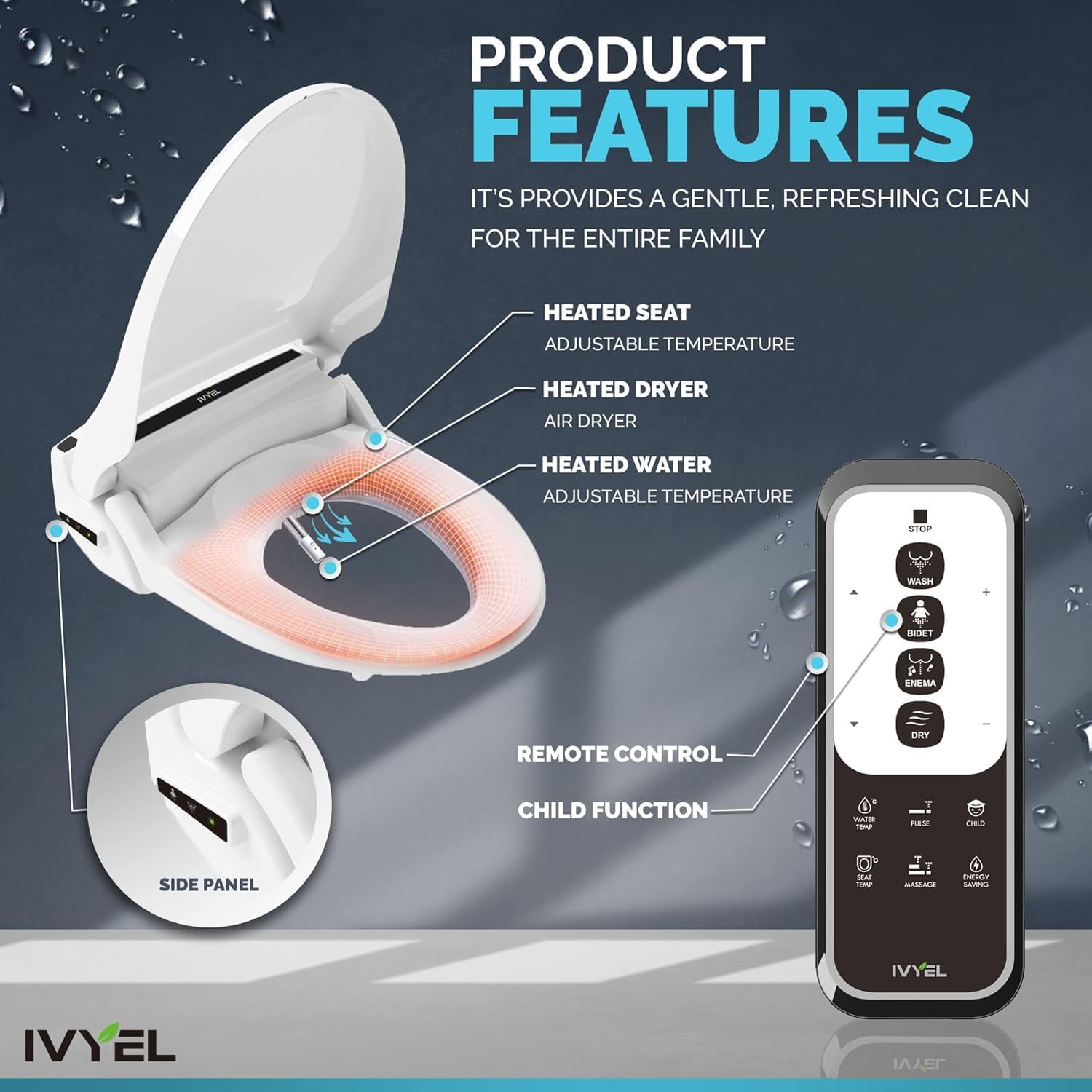 Electric Bidet Seat for Toilet, Elongated Smart Bidet with Remote, Unlimited Heated Water (Tankless), Stainless Steel Self-Cleaning Nozzle, Turbo Wash – Ivyel AP-7 REM