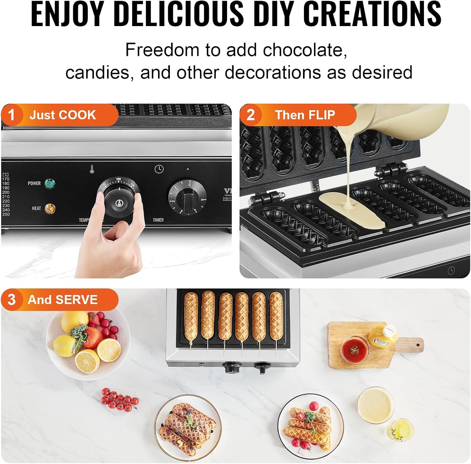 VEVOR Commercial Waffle Stick Maker, 6PCS 1500W Waffle Baker Machine, Non-Stick Stainless Steel Corn Hot Dog Waffle Iron with Temp and Time Control, Handle, for Restaurant Bakery Snack Bar Family