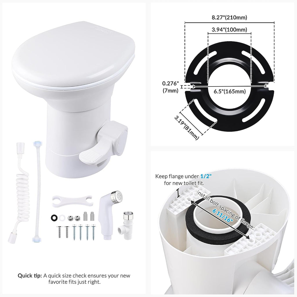 Yescom RV Toilet with Bidet Spray Porcelain Enamel Elongated Gravity Flush Foot Pedal Toilet for Motorhome Caravan Travel Tailer 20' Seating Height Portable Restroom Toilet Fits for Marine