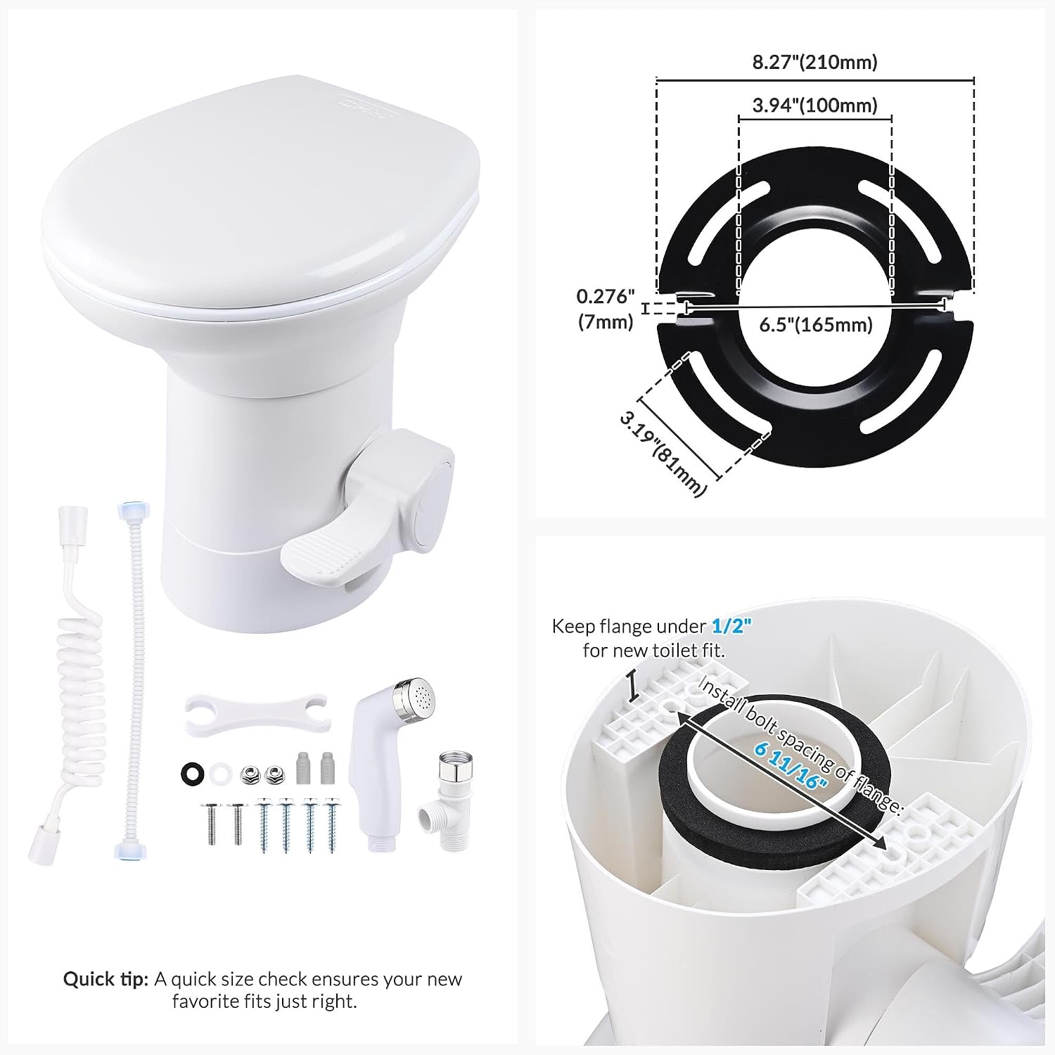 Yescom RV Toilet with Bidet Spray Porcelain Enamel Elongated Gravity Flush Foot Pedal Toilet for Motorhome Caravan Travel Tailer 20' Seating Height Portable Restroom Toilet Fits for Marine