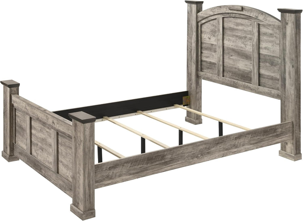 Rustic Gray Poster King Size 5pc Panel Bed Set Storage Wooden Solid Wood Bedroom Furniture