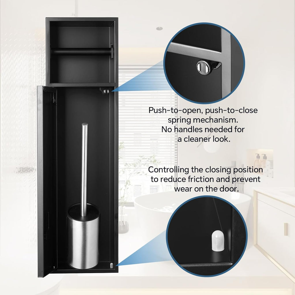 Recessed Toilet Paper Holder Plus Toilet Brush Cupboard in Matte Black with Toilet Brush, Size 6 * 24 * 4.94in (L*H*D), Built-in Toilet Paper Dispenser, Modern and Space-Saving for Bathroom