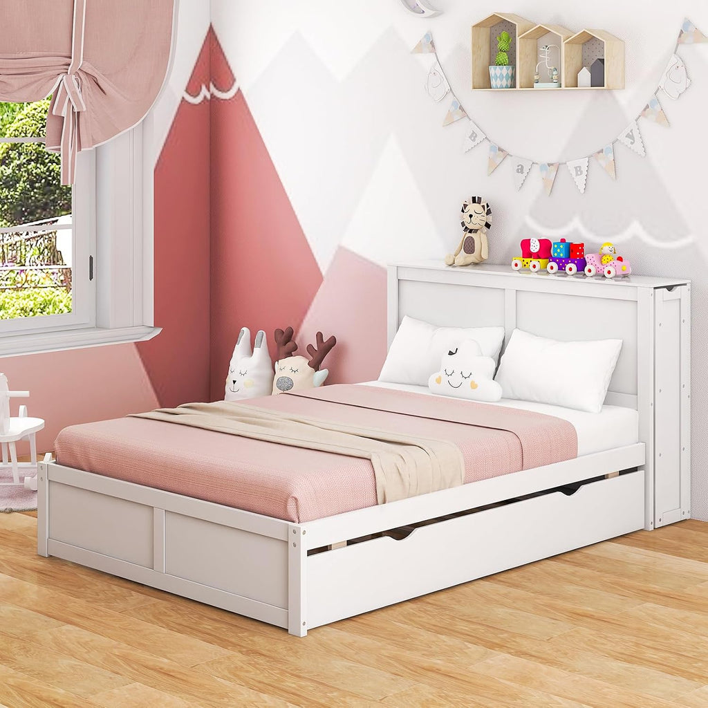 Giantex Full Size Bed Frame with Twin Trundle, Wooden Storage Platform Bed with 2 Rolling Bookcases & Headboard, Full Bed Frames for Kids, No Box Spring Needed, White