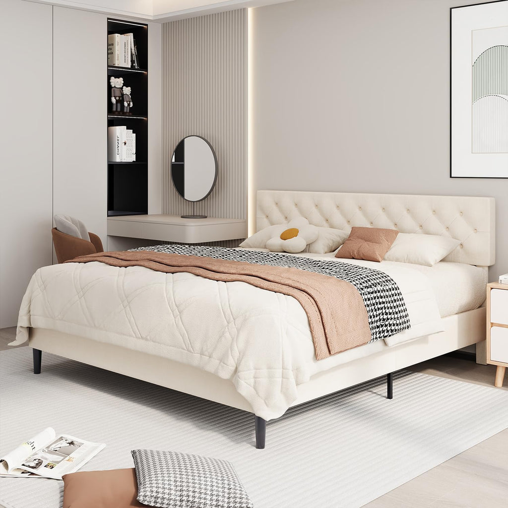 BarnFurin King Bed Frame, Upholstered Platform Bed with Button Tufted Headboard, Fabric Bed Frame with Wooden Slats Support, No Box Spring Required, Easy Assembly, Cream