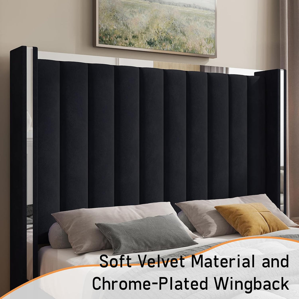 Jocisland King Size Bed Frame with 58' Tall Headboard, Velvet Upholstered Platform Bed with Channel Tufted Wingback Headboard and Plating Trim, No Box Spring Needed, Black