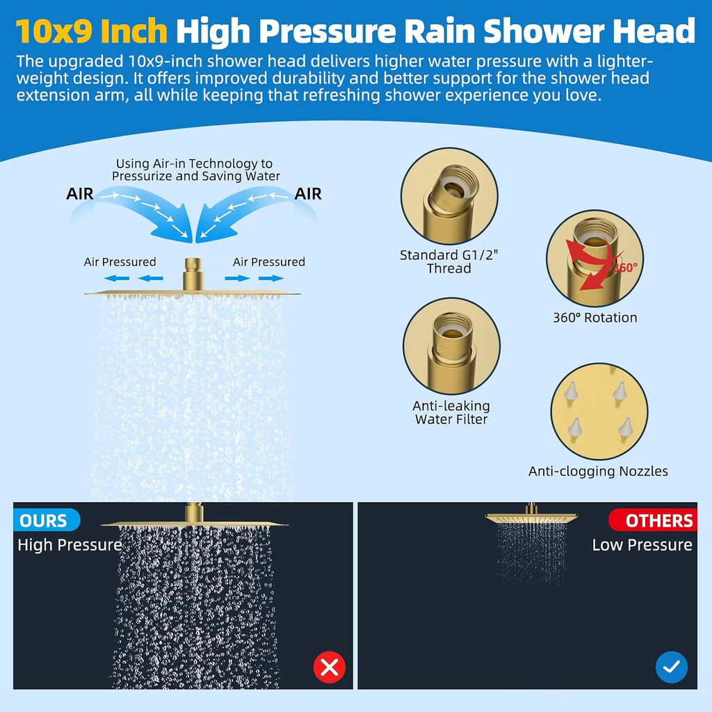 Hibbent All Metal cUPC Certified Shower Head, 10'' High Pressure Rainfall Shower Head Combo, Handheld Shower Wand, 12'' Adjustable Extension Arm, 4-Spray, 71'' Hose, Shower Holder, Brushed Gold