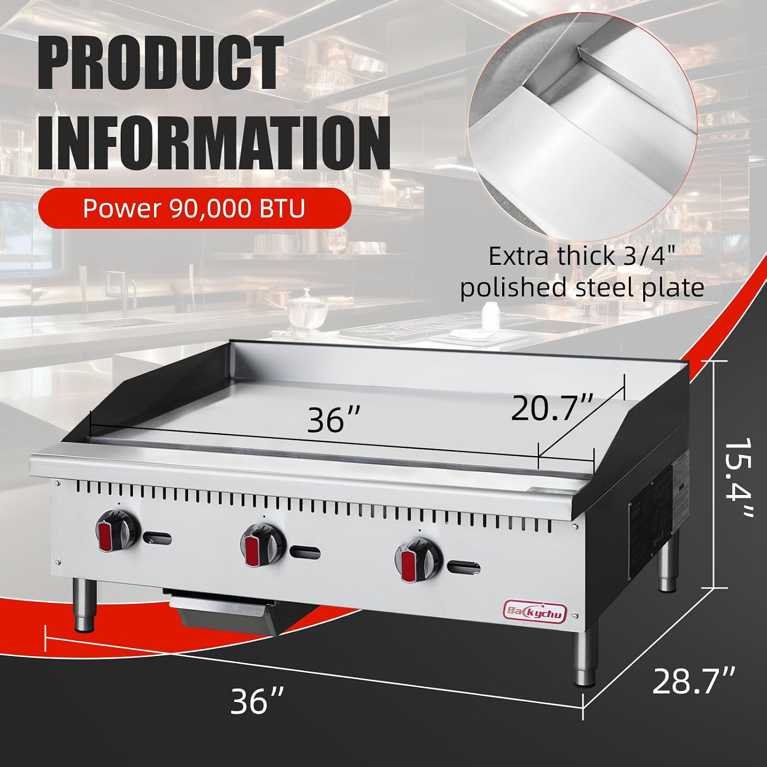 Commercial Gas Griddle - 36' Countertop Griddle. 90,000 BTU Flat Top Griddle, Natural Gas (NG) / Propane, CSA Certified Stainless Steel Teppanyaki Grill for Restaurants
