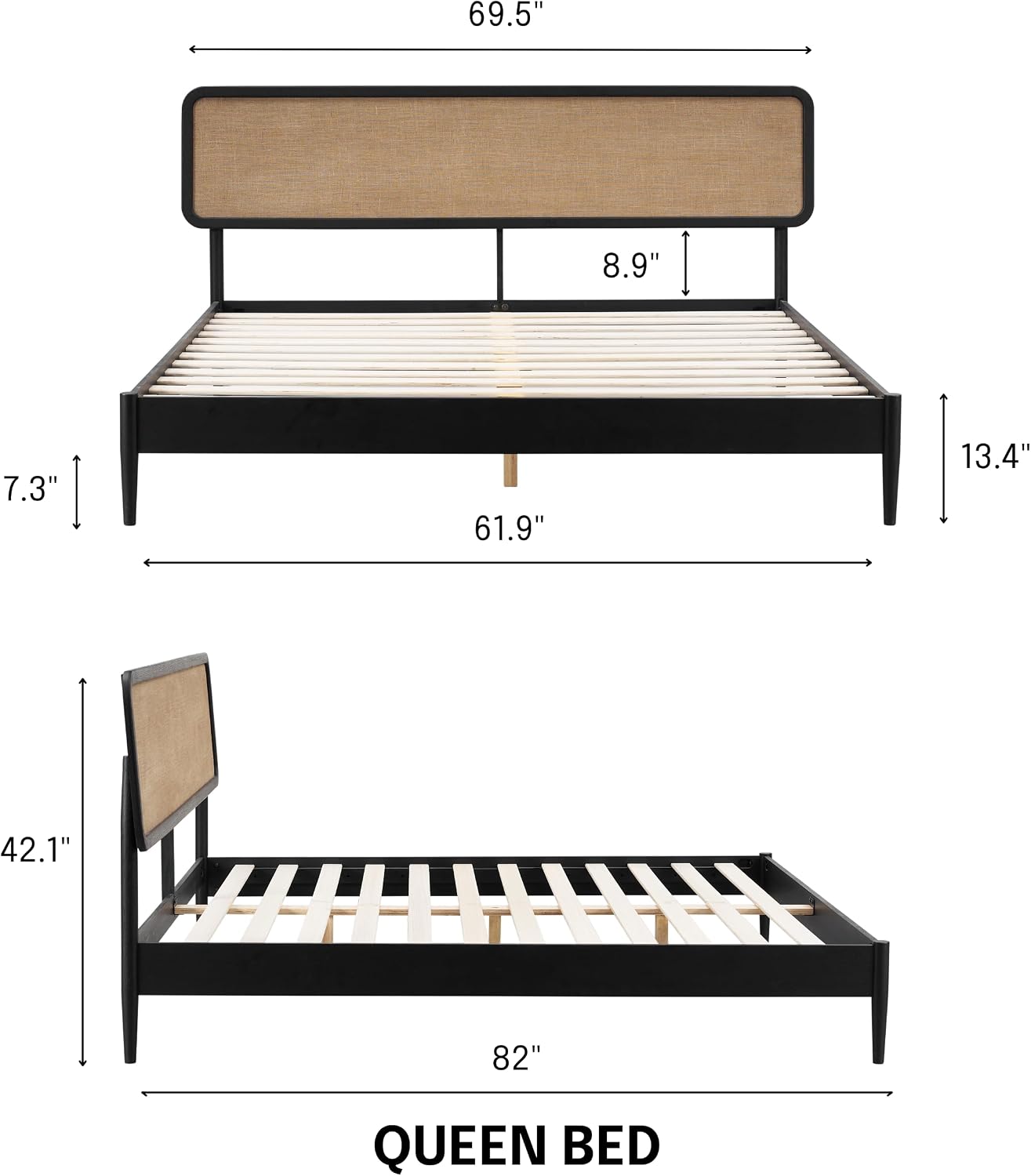NTC Lupin Wooden Bed Frame with Headboard, Solid Oak and Rubber Wood Foundation with Silent Slats and Wood Central Supports, 1000 Lb Capacity, Effortless Assembly, Queen - Burnt Black