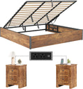 LUXOAK 3 Pieces Bedroom Sets, Includes King Size Lift Up Storage Platform Bed Frame, 2 Drawers Farmhouse Nightstand Set of 2 with Charging Station, No Box Spring Needed, Rustic Brown