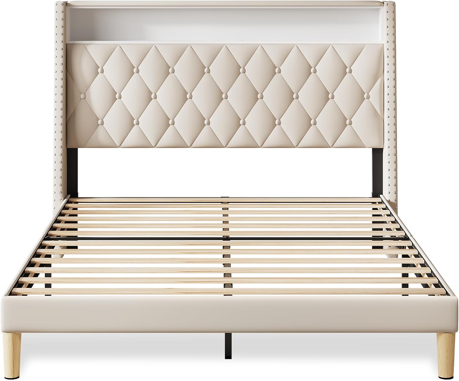 WLIVE Queen Size Upholstered Bed Frame with 48'' Tall Wingback Headboard, Velvet Square Tufted Platform Beds with Charging Station, Sturdy Metal & Wooden Slats Support, Beige