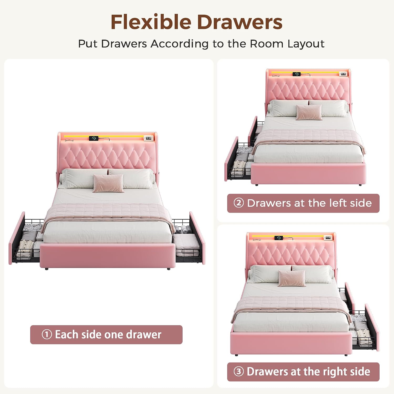 Full LED Velvet Bed Frame with 2 Storage Drawers&Hidden Headboard, Upholstered Platform Bed with Charging Station&Button Tufted Design, Wooden Slats Support, Box Spring Optional, Easy Assembly, Pink