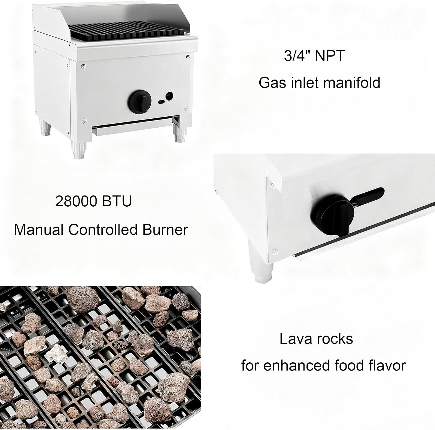 12 Inch Commercial Gas Lava Rock Charbroiler, Stainless Steel Countertop Grill with 1 Burner, Restaurant BBQ Broiler with Durable Cast Iron Grates, Natural Gas/Propane, 28000 BTU