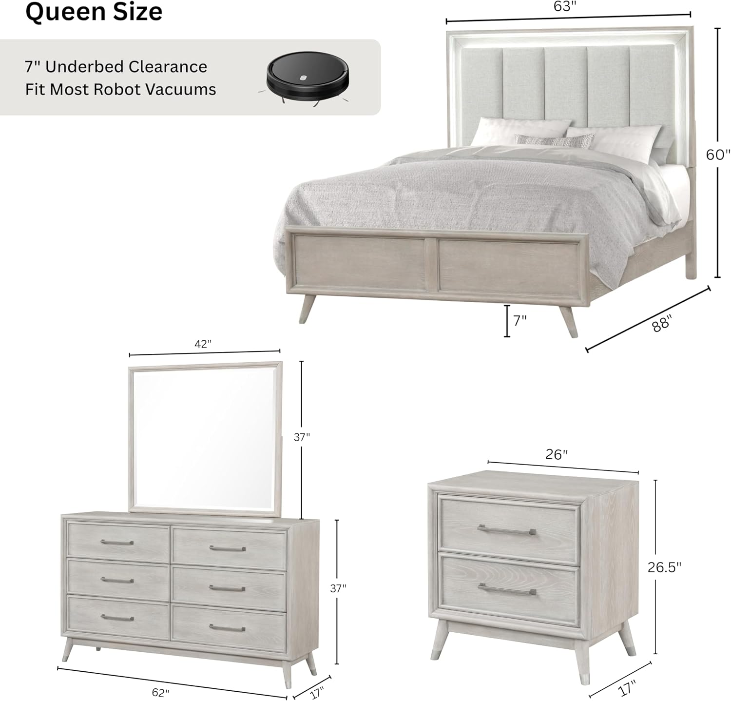 Roundhill Furniture Seluna 4-Piece Bedroom Set with Touch LED Lighting, Gray Oak Finish, Queen