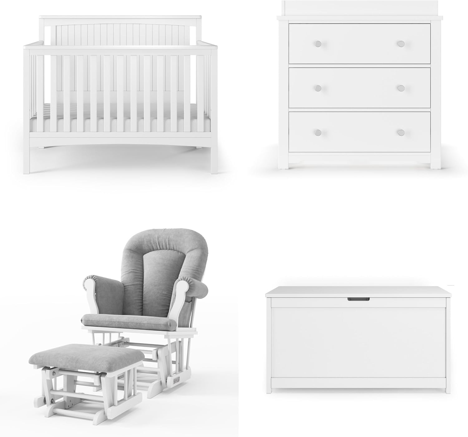 Child Craft Scout 4-in-1 Convertible Baby Crib Nursery Furniture Set - Baby Bed, Dresser with Changing Table Topper, Glider Chair, and Toy Box for Babies, Toddlers and Kids (4 Piece - Matte White)