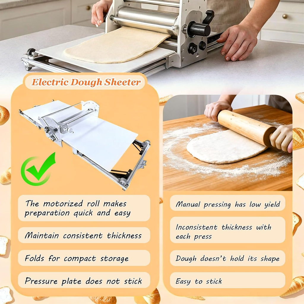 Pro Electric Puff Pastry Machine with 2-30mm Thickness Adjustment, Foldable Dough Roller for Croissants, Danishes & Pie Crusts, Easy to Assemble & Clean