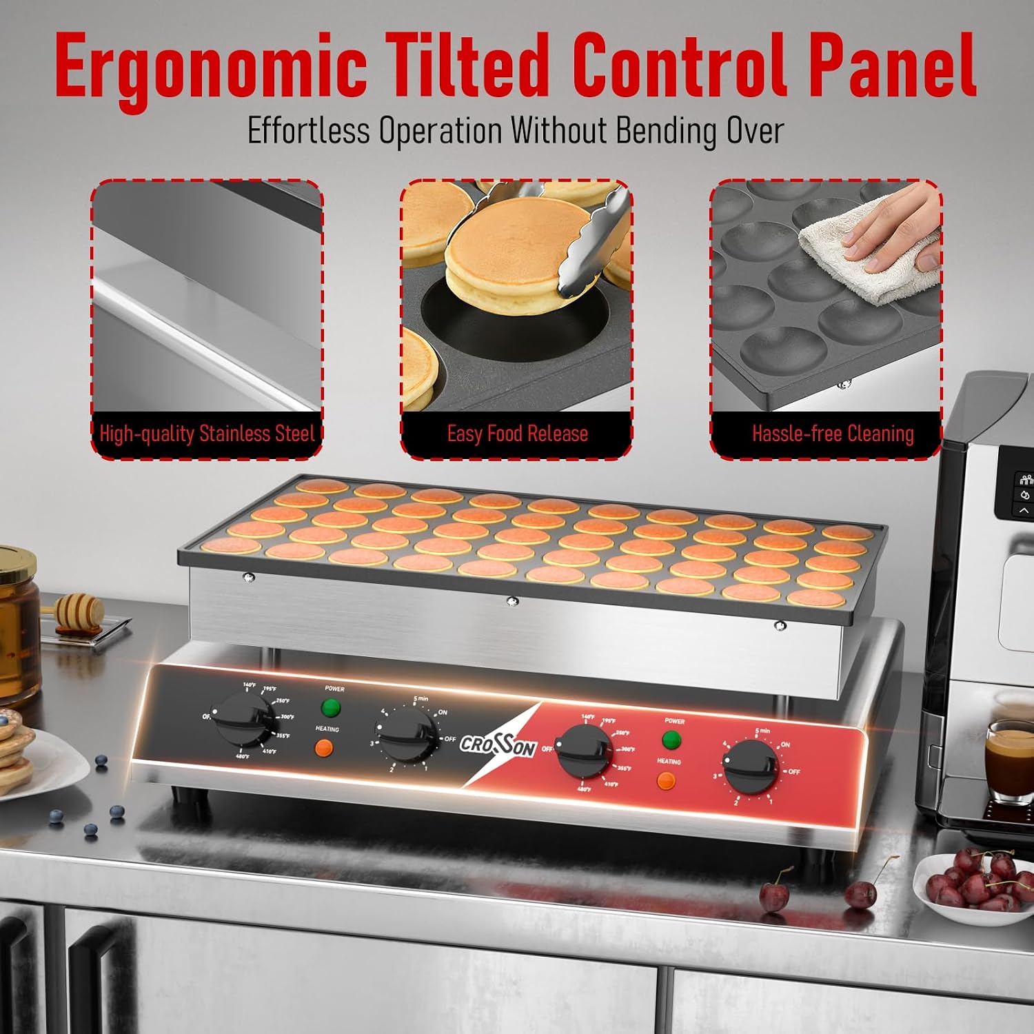 CROSSON Mini Pancake Maker, 50PCS 43mm Diameter Dutch Muffin Waffle Baker, Non-stick Stainless Steel Poffertjes Grill, Commercial Electric Dorayaki Machine W/Temp & Time Control 120V/1750W
