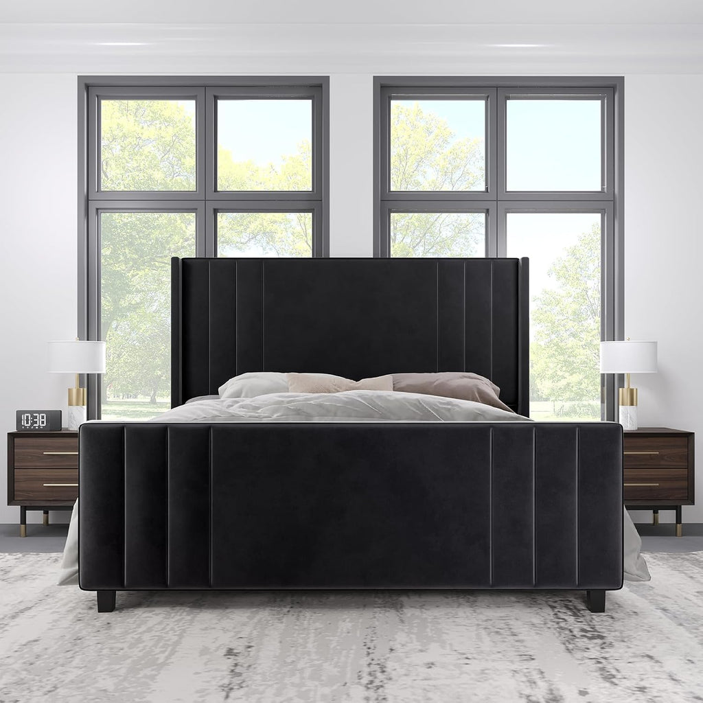 Albott King Size Platform Bed Frame, Upholstered Bed with Vertical Channel Tufted Wingback Headboard & Footboard, Premium Velvet, No Box Spring Needed, Black