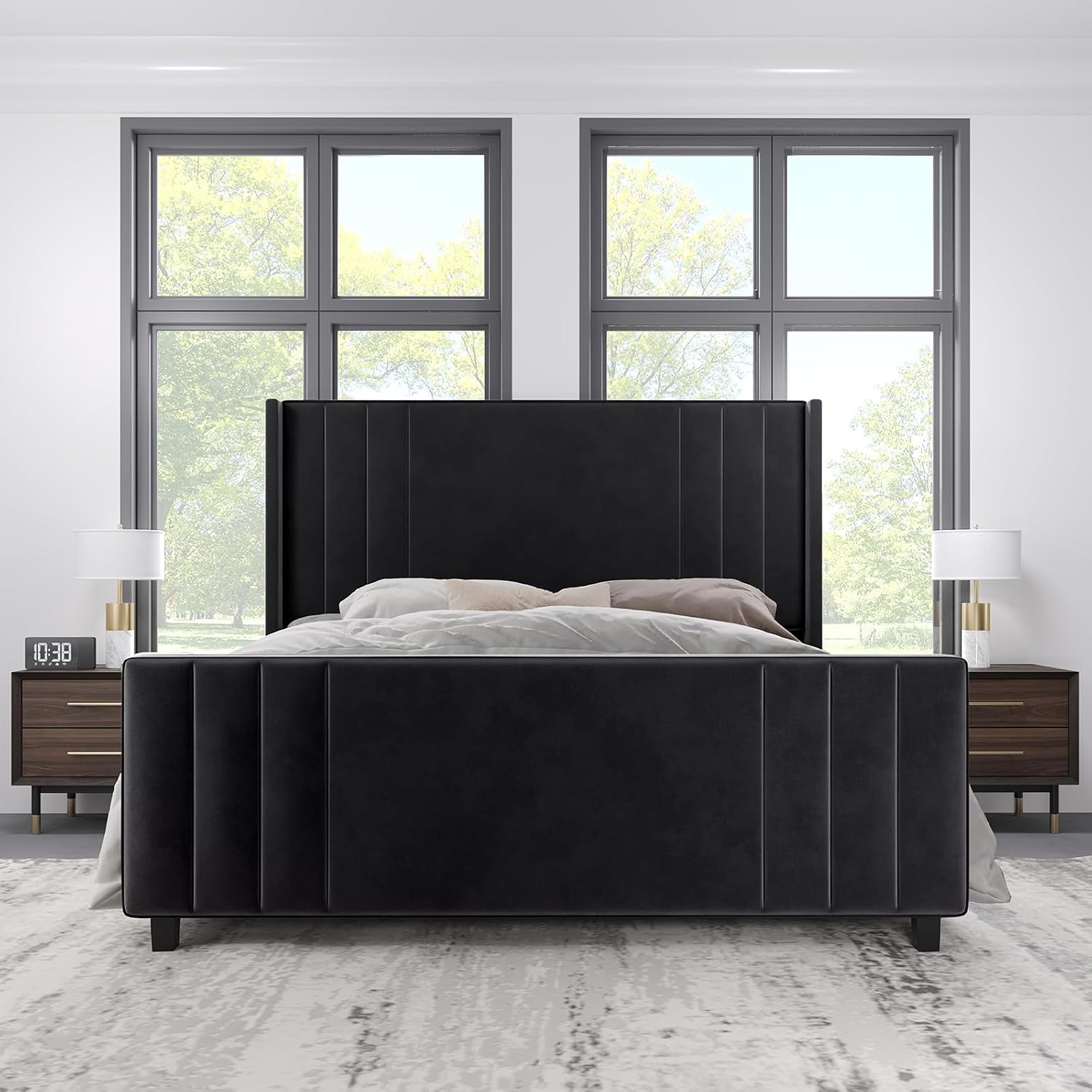 Albott King Size Platform Bed Frame, Upholstered Bed with Vertical Channel Tufted Wingback Headboard & Footboard, Premium Velvet, No Box Spring Needed, Black