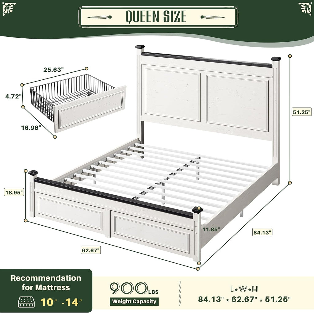 Homkdom Queen Bed Frame with Tall Headboard, Bed Frame Queen Size with 2 StorageDrawers, Farmhouse, Wooden, No Noise, No Box Spring Needed, White