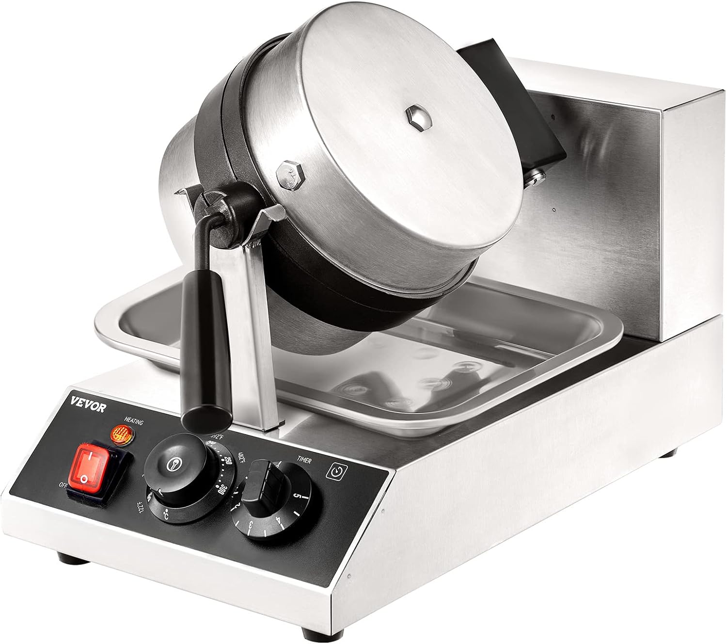 VEVOR Commercial Waffle Maker, 1300W Round Waffle Iron, Non-Stick Rotatable Waffle Baker Machine With 122-572℉ Temp Range and Time Control, Teflon-Coated Baking Pan Stainless Steel Body 110V