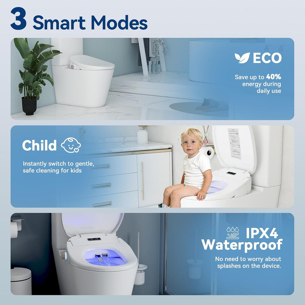 Smart Heated Toilet Seat for Short V-Shaped Toilets – Bidet Warm Water Wash, Self-Cleaning Nozzle, Warm Air Dryer, Deodorizer, Soft-Close Lid, LED Night Light & Remote Control, Easy Install