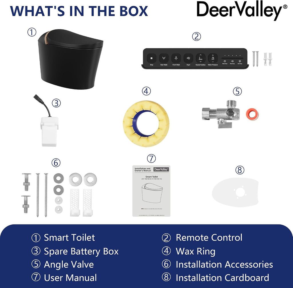 DeerValley Smart Toilet, Tankless Design with Integrated Bidet, Automatic Open/Close Lid, Auto Flush, Heated Seat, Black, Elongated