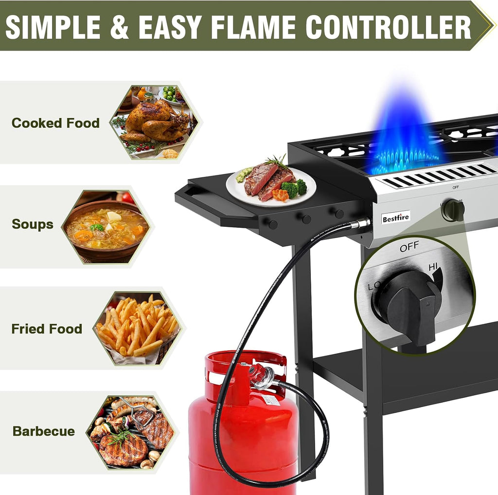 BESTFIRE 2 Burner Propane Gas Stove Outdoor Cooking Station – 150,000 BTU Double Cast Iron Burner with Auto Ignition, Regulator, Side Shelves & Wheels – Portable No-Windshield Design for Camping