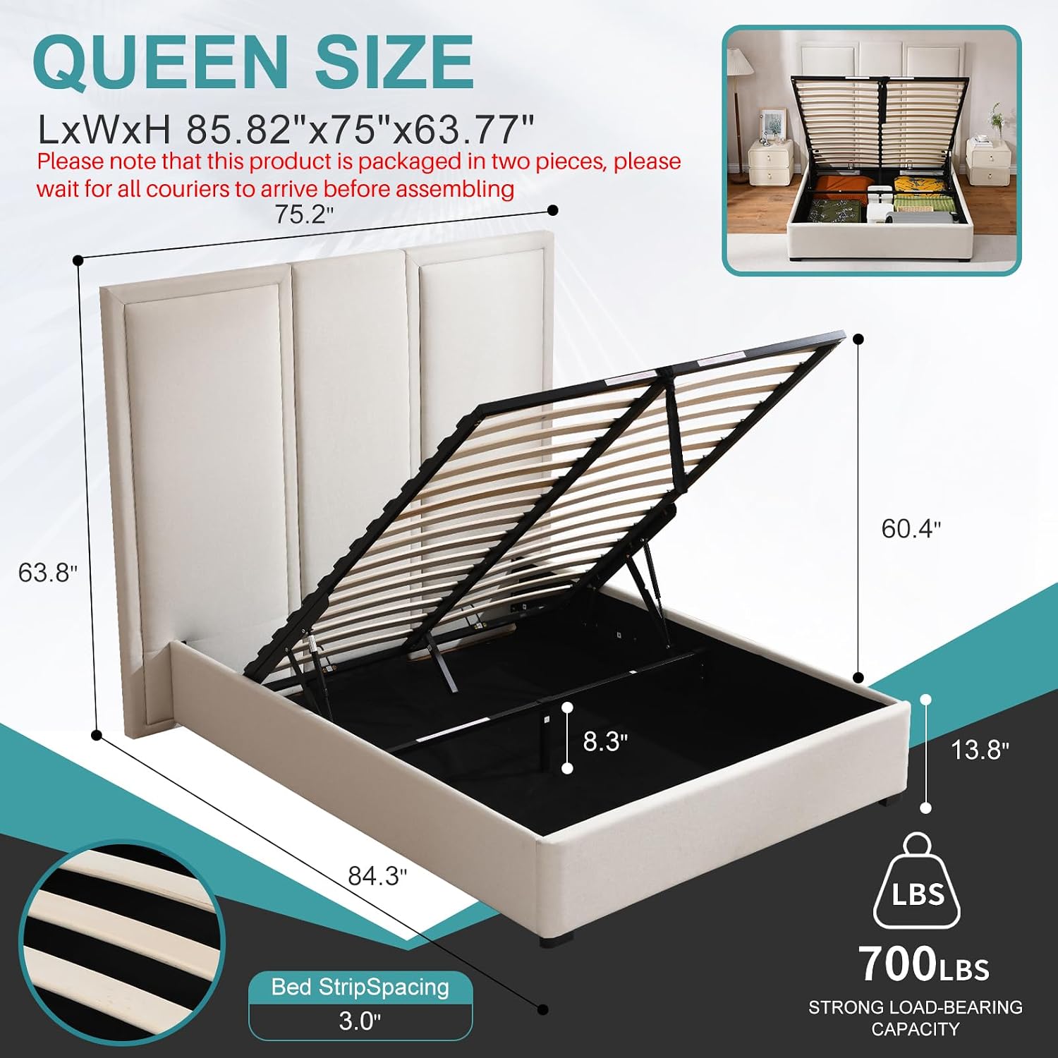 YUHUASHI Queen Size Bed Frame with 64-inch High Headboard, Simple and Airy Linen Upholstered Platform Bed with Storage Drawers, Wood Slat, No Noise (Beige, Queen(Hydraulic Lift))