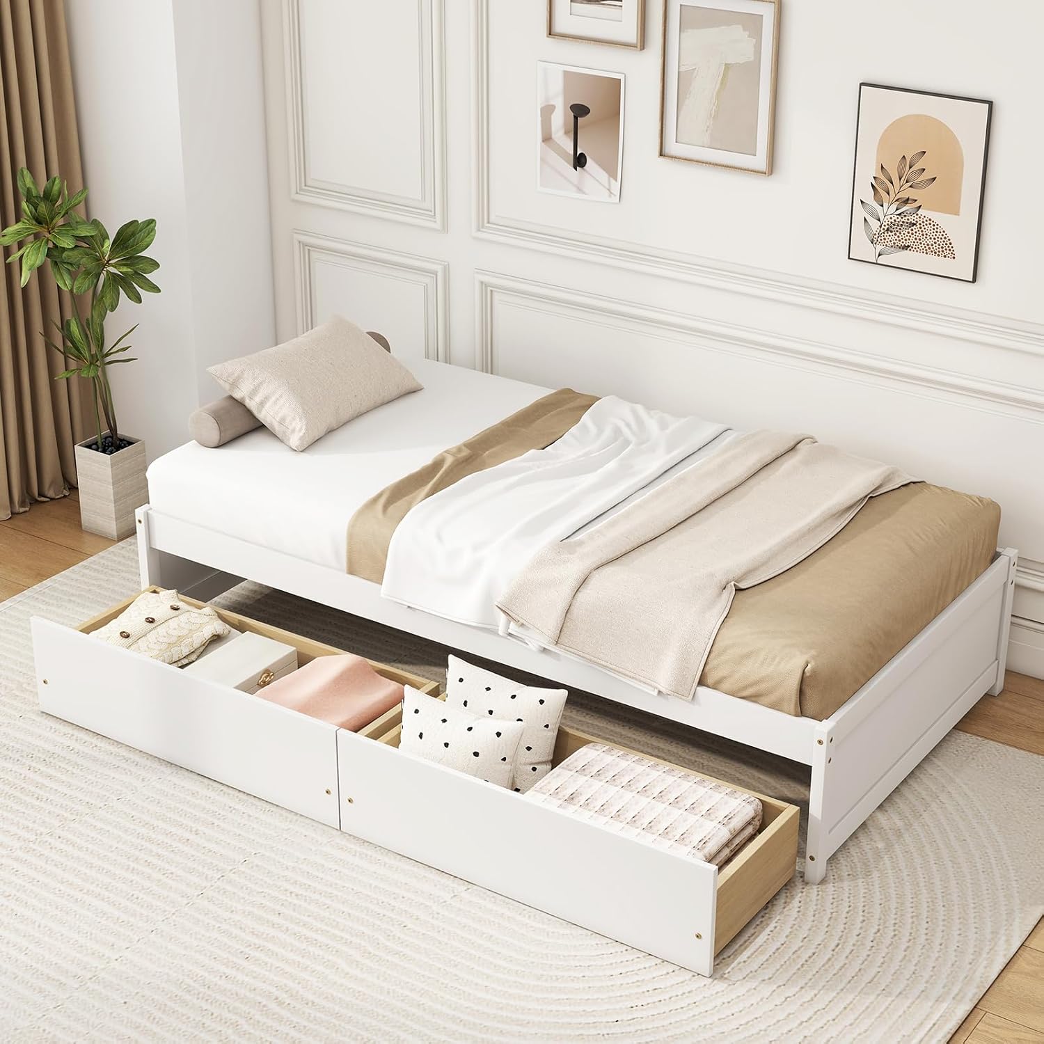 Giantex Twin Bed Frame with 2 Storage Drawers, Solid Wood Platform Bed with Slats Support, Heavy Duty Daybed with Storage, No Box Spring Needed, Twin Bed Frames for Kids Teens Adults Guests (White)
