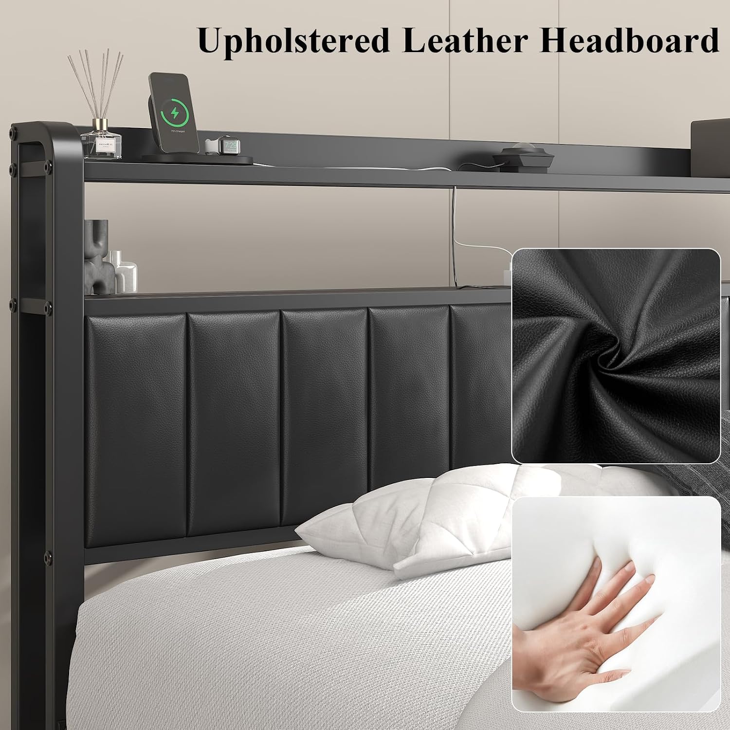 Queen Size Bed Frame with Star Projector & Charging Station, PU Leather Upholstered Platform with 2-Tier Storage Headboard & Storage Ottoman, Metal Support, Noise-Free, No Box Spring Needed, Black