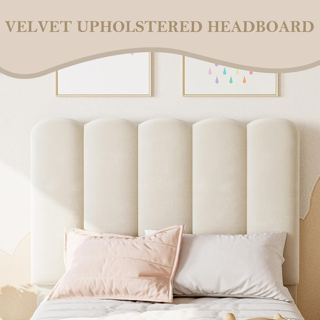 IDEALHOUSE Twin Bed Frame with Storage Drawer and Headboard, Velvet Upholstered Twin Platform Bed Frame for Girls, Strong Wooden Slats Support, Noise-Free, Easy Assembly (Beige)