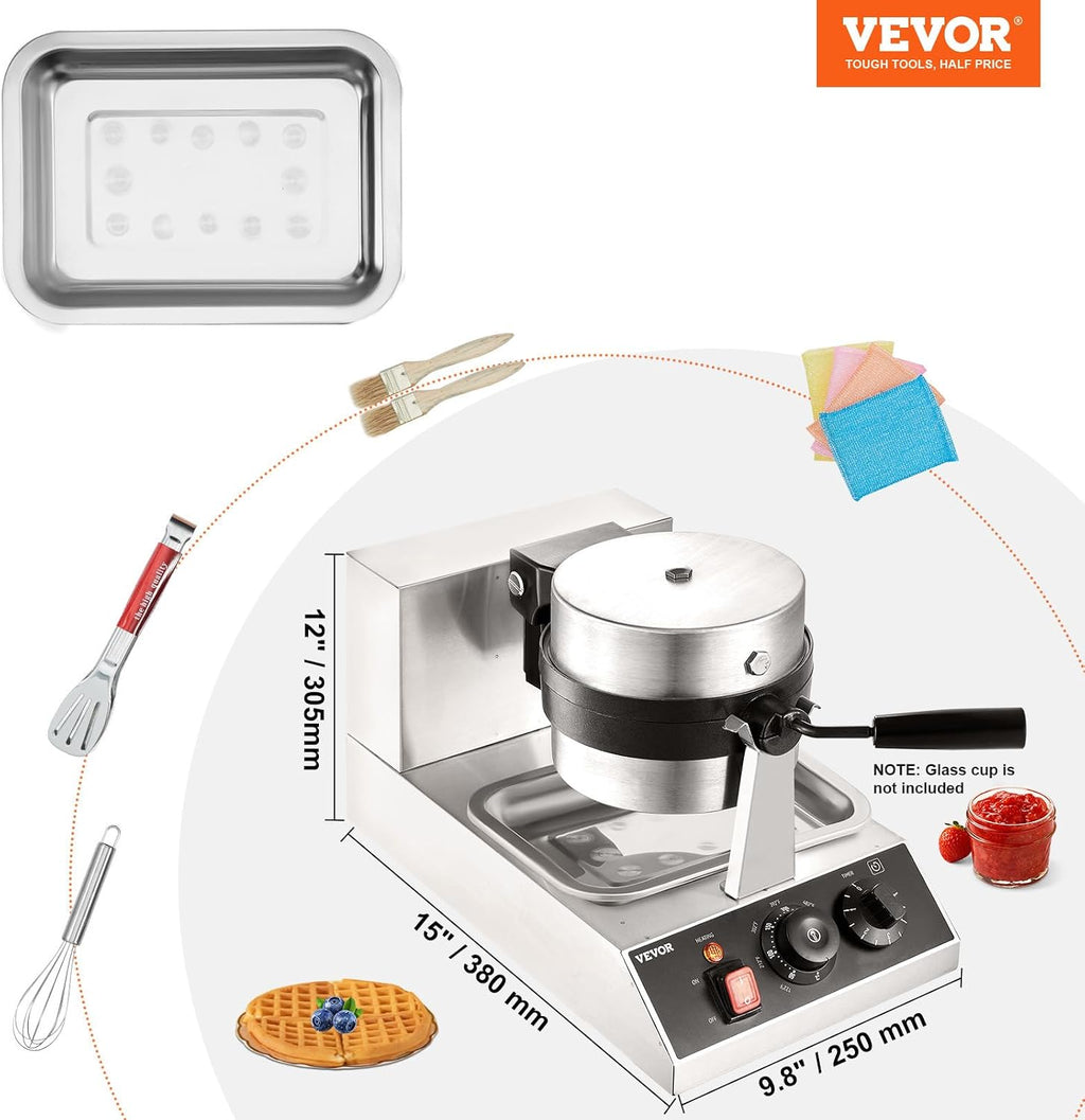 VEVOR Commercial Waffle Maker, 1 Piece per Batch, 1300W Round Waffle Iron, Non-Stick Waffle Baker Machine with 122-572℉ / 50-300℃ Temp Range Teflon-Coated Baking Pans Stainless Steel Body, 110V
