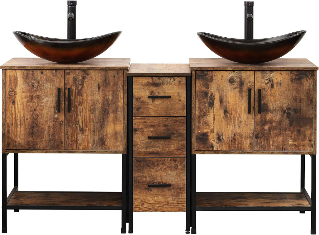 UEV Rustic Brown 60' Double Bathroom Vanity with Sink Combo,Industrial Iron Frame 2 Main Bathroom Vanity with Middle 3 Drawers Cabinet,Modern Brown Boat Tempered Glass Vessel Sink(029BR)