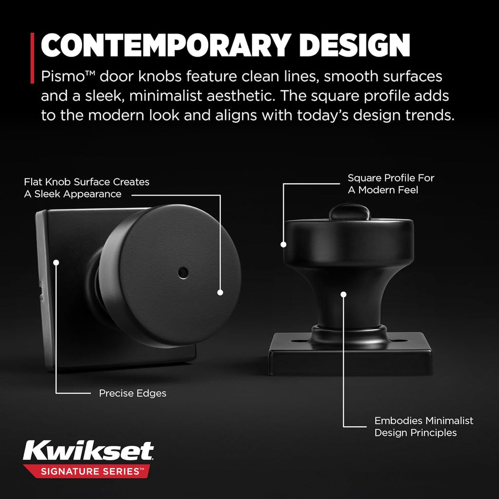 Kwikset Pismo Interior Privacy Door Knob with Lock, Door Handle for Bathroom and Bedroom, Matte Black Keyless Turn Lock Doorknob, with Microban Protection, (Pack of 12)