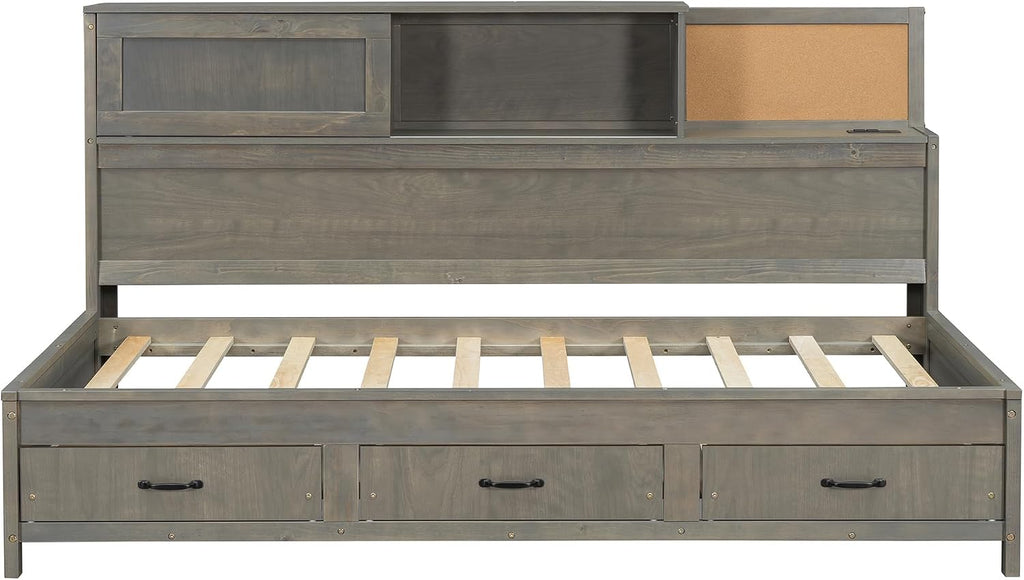 Merax Twin Size Daybed with 3 Storage Drawers,Headboard with Shelf,A Set of Sockets and USB Ports,Grey