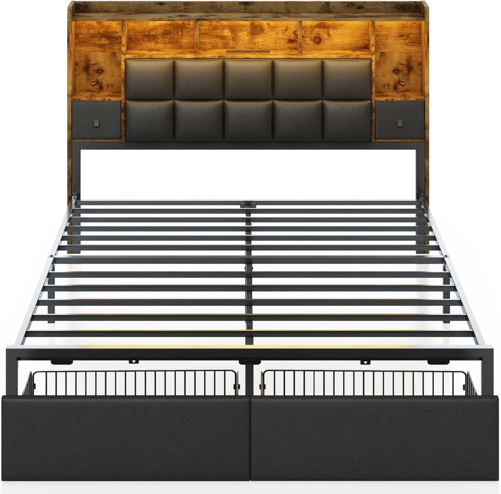 TIGUBFRE LED Bed Frame Full Size with Bookshelf PU Leather Headboard, 2 Hidden Storage Drawers, Upholstered Platform Bed with Charging Station, Metal Slats Support, Noise Free, No Box Spring Needed