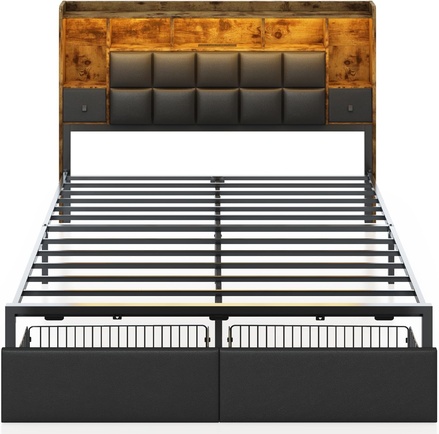 TIGUBFRE LED Bed Frame Full Size with Bookshelf PU Leather Headboard, 2 Hidden Storage Drawers, Upholstered Platform Bed with Charging Station, Metal Slats Support, Noise Free, No Box Spring Needed