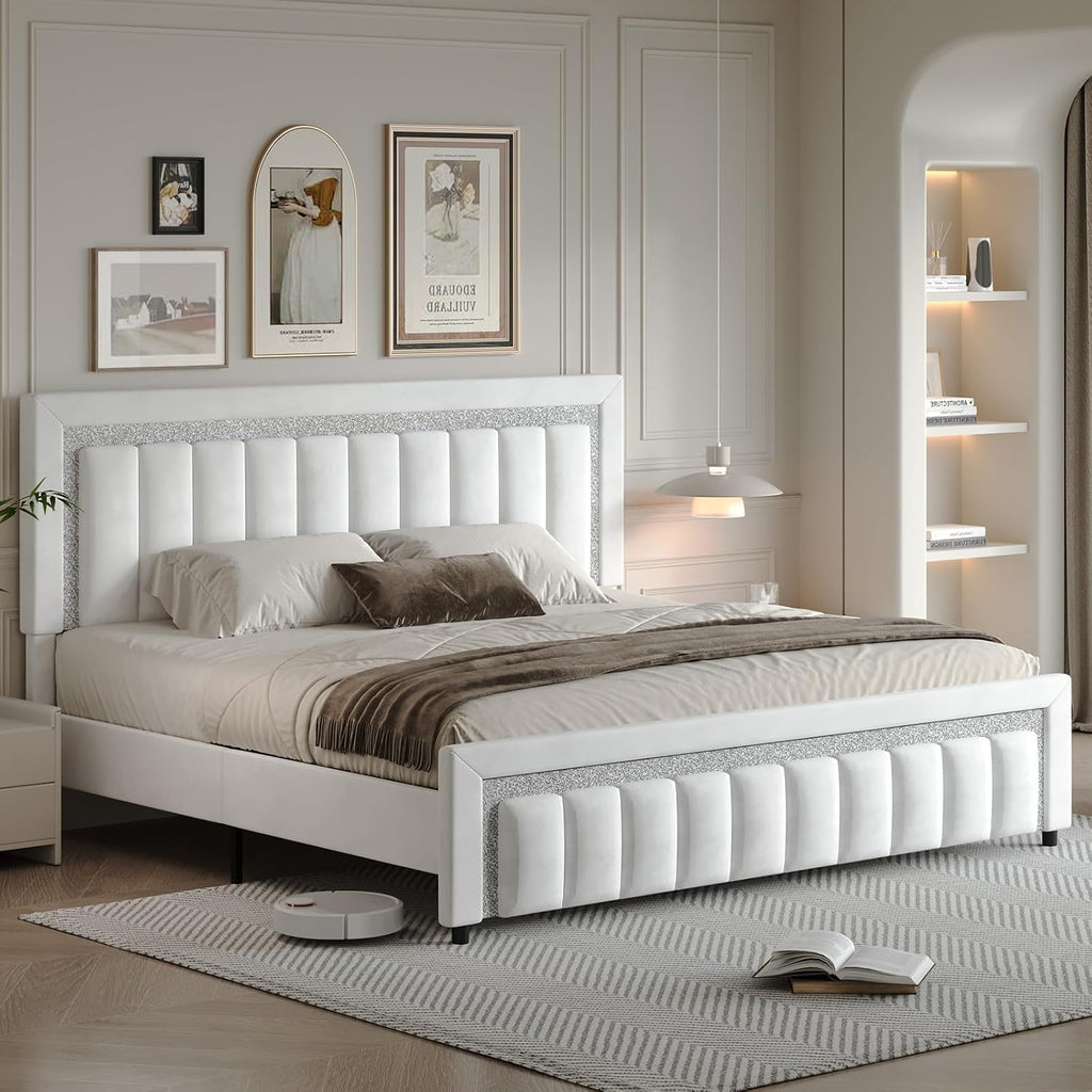 HOMBCK King Size Bed Frame with Diamond Velvet Headboard, Upholstered Bed Frame King with Wooden Slats Support, No Box Spring Needed, Noise Free, Easy Assembly, White